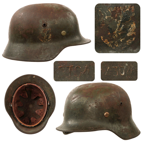 Original German WWII Rare Waffen SS M35 Single Decal Helmet with Replaced 1943 Dated 57cm Liner - Stamped ET64 Original Items