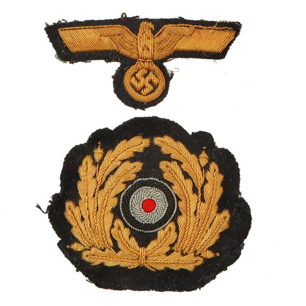 Original German WWII Kriegsmarine Navy Hand Embroidered Visor Cap Insignia Set - Eagle & Wreathed Cockade Original Items