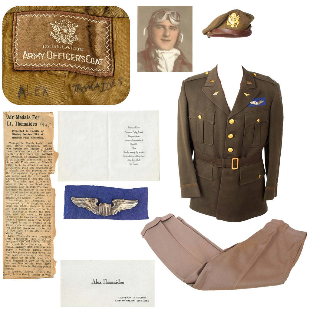 Original U.S. WWII AAF KIA Uniform, Visor Cap, & Trousers of Lieutenant Alex Thomaides, 365th Bomb Squadron, 305th Bomb Group with Binder of Research Original Items