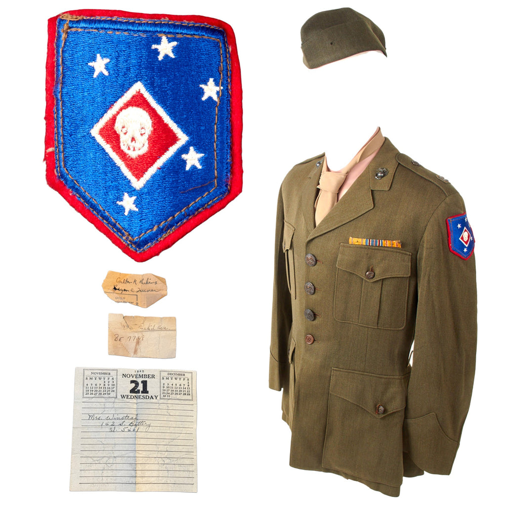 Original U.S. WWII USMC Raider Captain’s Uniform Jacket with “Bloodied” Raider Patch and Notes & Calendar Page in Pocket Dated November 1945 Original Items