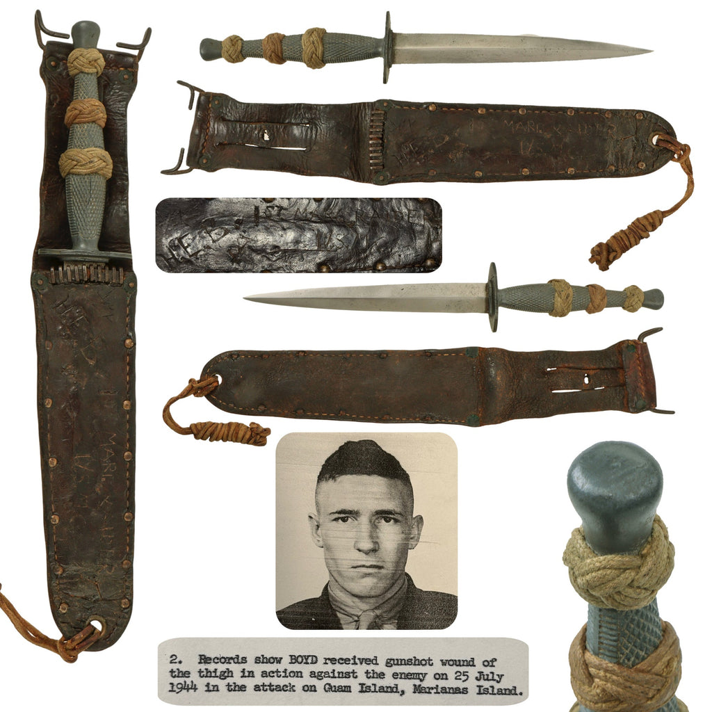 Original U.S. WWII USMC Identified Marine Raider Stiletto Dagger with M6 Sheath & Packet of National Archives Research - Henry E. Boyd, 1st Raider Battalion - Wounded on Guam Original Items