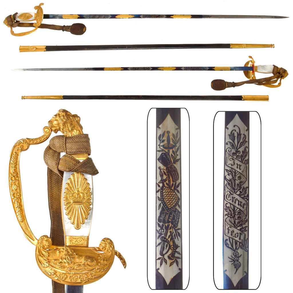 Original Imperial German WWI Bavarian State Official Diplomat’s Dress Lion’s Head Sword with Mother of Pearl Grips & Fire-Blued Gold-Inlaid Blade - Leather Scabbard & Troddel Knot Original Items