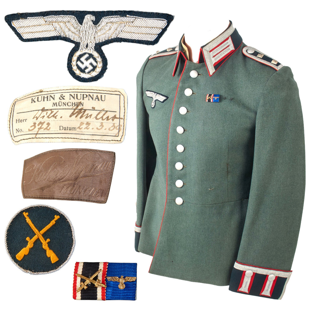 Original German WWII Named Heer Army Artillery Oberfeldwebel NCO M35 Waffenrock Dress Tunic by Kuhn & Nupnau with Medal Bar Original Items