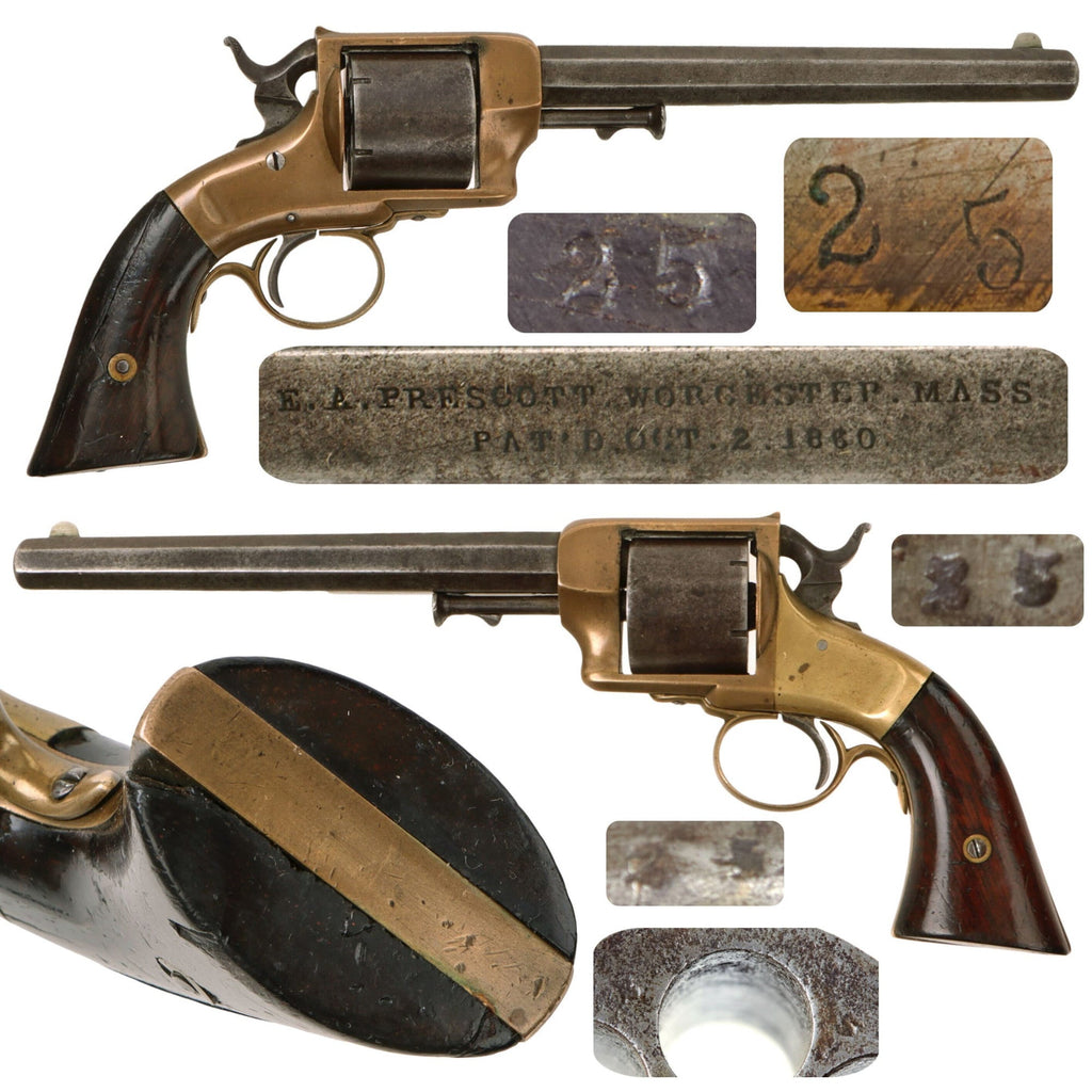 Original U.S. Civil War Scarce E.A. Prescott .38 Rimfire Brass Frame Single Action Navy Revolver - Matching Serial 25 Original Items