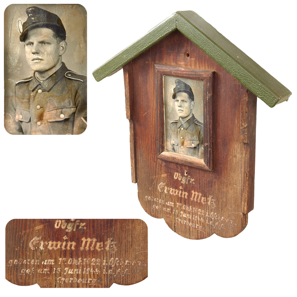 Original German WWII Killed in Action Soldier Memorial Shrine Plaque - Obgfr. Erwin Metz - KIA in Cherbourg June 13th, 1944 - 13 ¼ x 14 ¾” Original Items