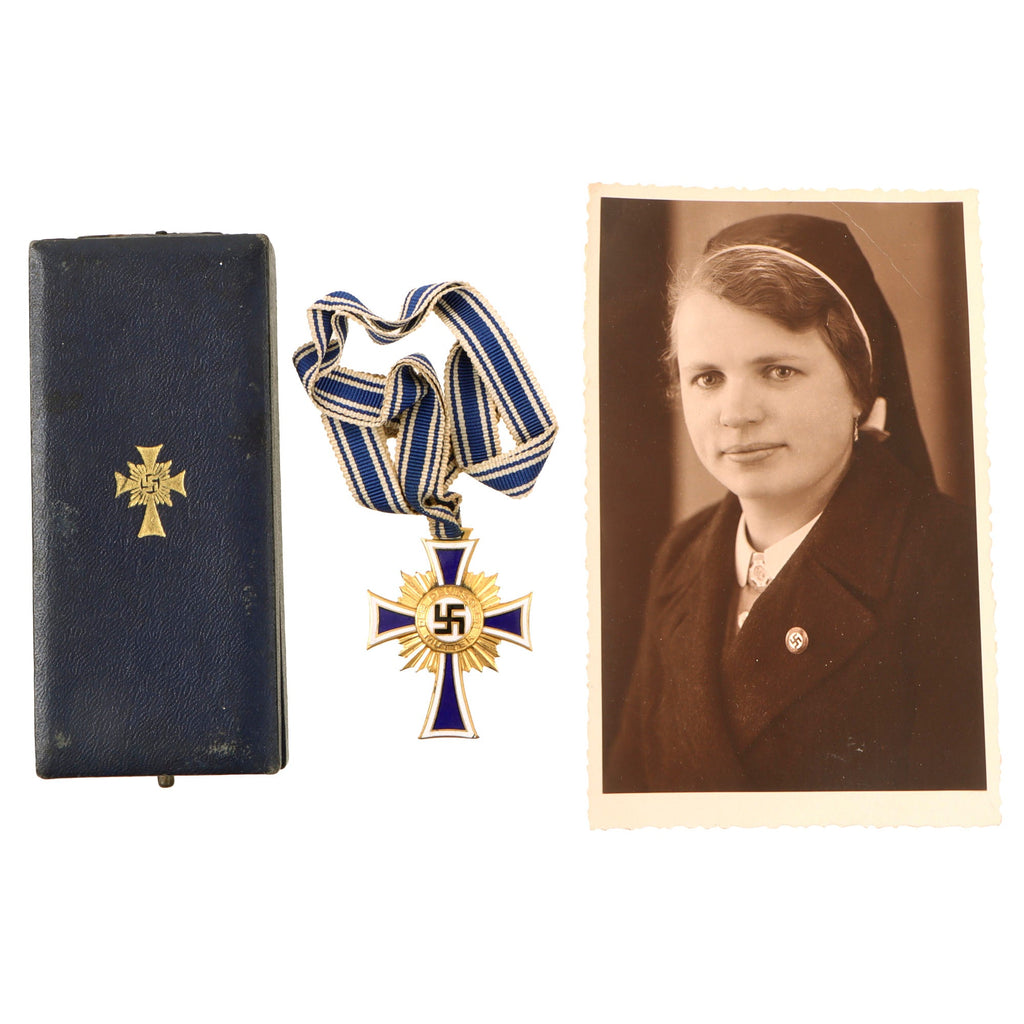 Original German WWII Cased Gold Mother’s Cross by B.H. Mayer of Pforzheim with Period Portrait Photo Postcard Original Items