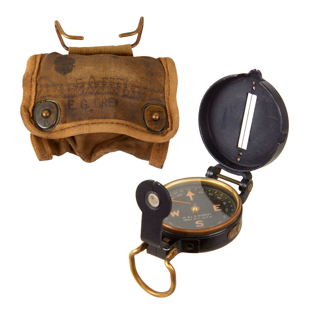 Original U.S. WWII US Army M1938 Lensatic Compass by W.&L.E. Gurley - Name Stenciled on Pouch Original Items