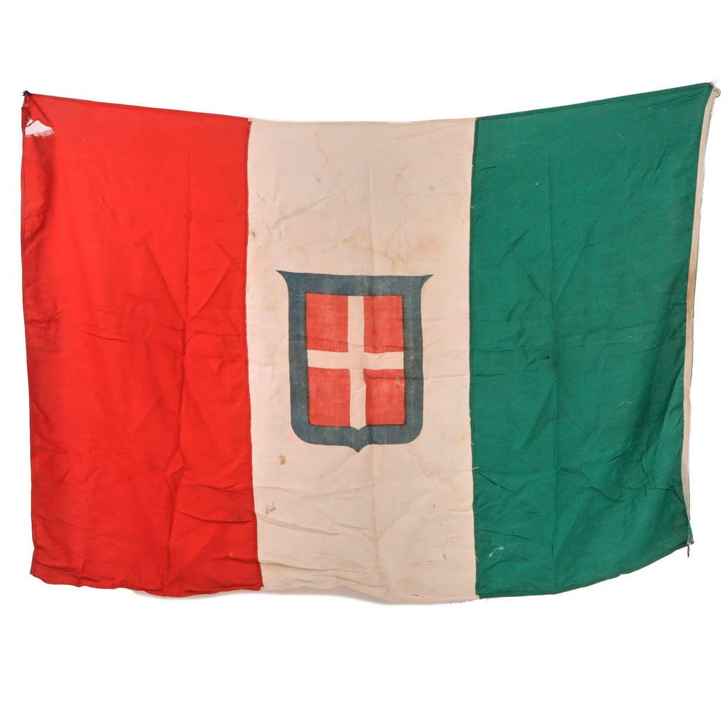 Original Italian WWI Multi-Piece Silk Kingdom of Italy Flag with Savoy Coat of Arms & Hanging Rings - 35 x 53”