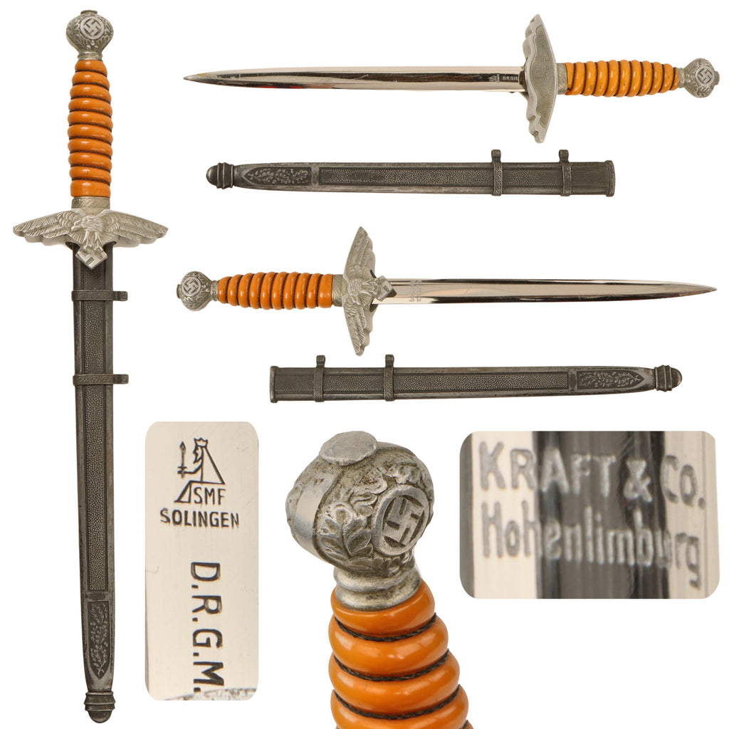 Original WWII German Miniature 2nd Model Luftwaffe Dagger Marked to Kraft & Co. of Hohenlimburg by SMF with Scabbard Original Items