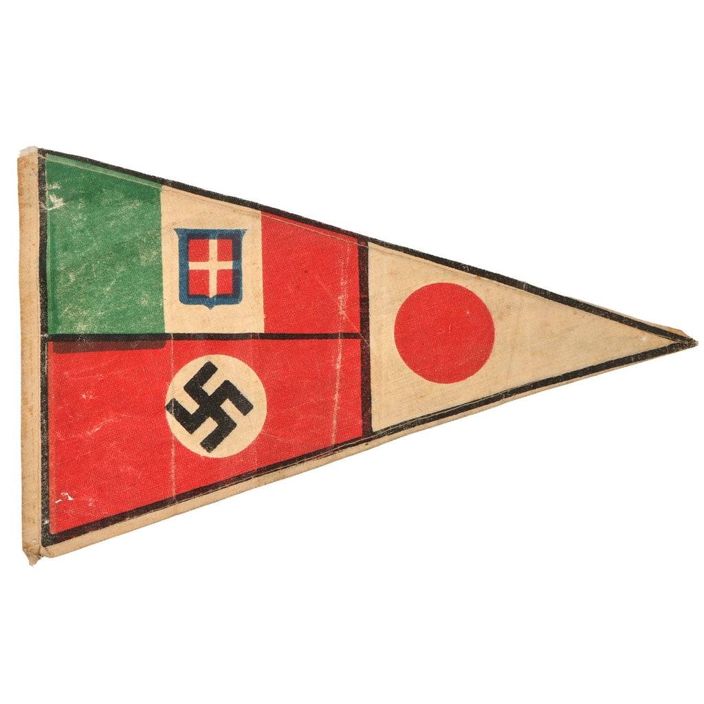 Original Italian WWII Axis Powers Friendship Pennant - Italian, German, and Japanese Emblems - 5 3/4" x 9 3/8" Original Items