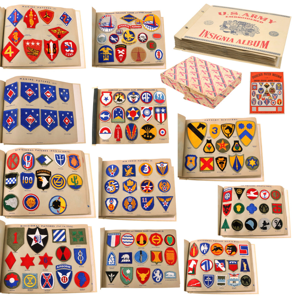 Original U.S. WWII Era U.S. Army Embroidered Insignia Album with 290 Patches Total in Original Box with Shoulder Patch Insignia Booklet - 11 ½ x 15 ½” Original Items