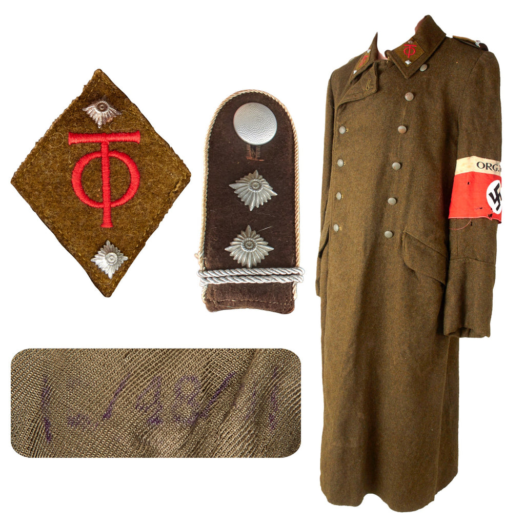 Original German WWII Organisation Todt OT-Obertruppführer NCO Earth Brown Wool Greatcoat with Armband Original Items