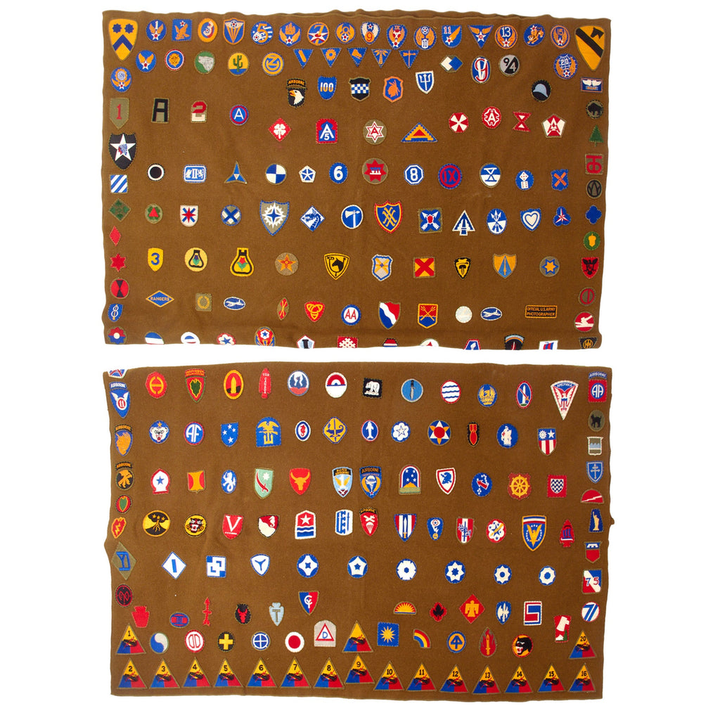 Original U.S. WWII Army 250-Patch Souvenir Blanket Featuring Organized Air Forces, Divisions, Armored Divisions, and More - 61 x 80” Original Items