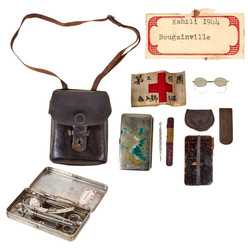 Original Japanese WWII IJA Leather Surgery Medic First Aid Pouch with Medic’s Armband, Field Surgical Kit, & Contents Found at Kahili Airfield in Bougainville, New Guinea Original Items
