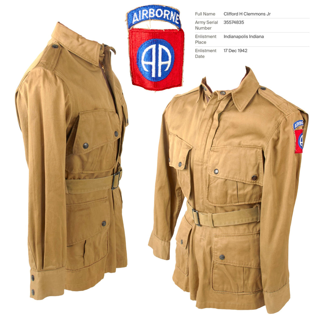 Original U.S. WWII Attributed 82nd Airborne Division M1942 Paratrooper Jump Jacket without Reinforcements with Replaced Zipper & Replica Belt - Clifford H. Clemmons Original Items