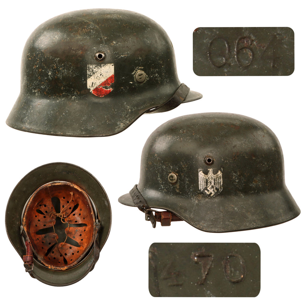 Original German WWII Heer Army M35 Double Decal Helmet with 1938 Dated 57cm Liner & Replaced Chinstrap - Stamped Q64 Original Items