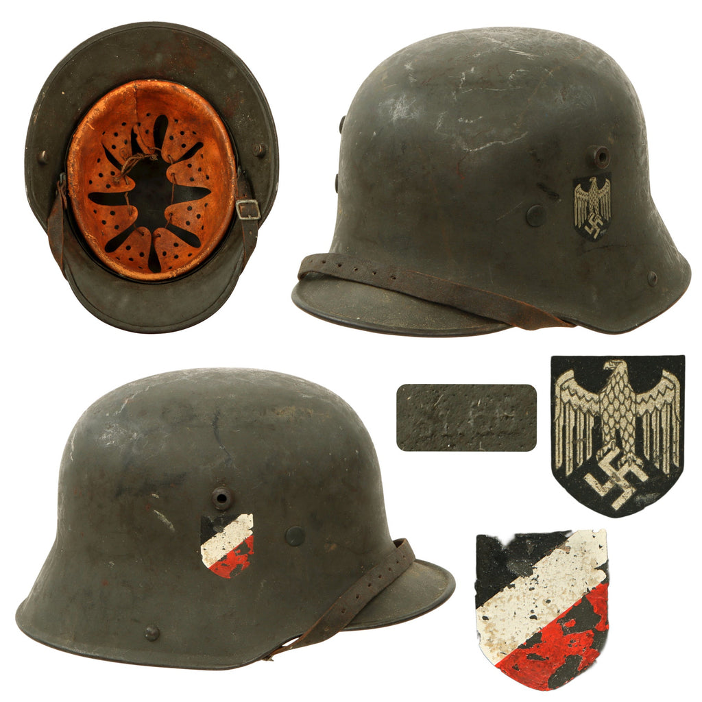 Original German WWII M16 Transitional Heer Army Single Decal Helmet with 59cm Liner & Chinstrap - Added Tricolor Shield - Stamped Si. 66 Original Items