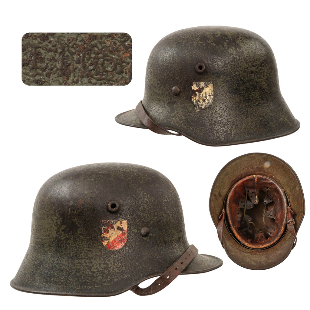 Original German WWII M18 Transitional Heer Army Double Decal Helmet with 58cm Liner and Chinstrap - Stamped ET66 Original Items