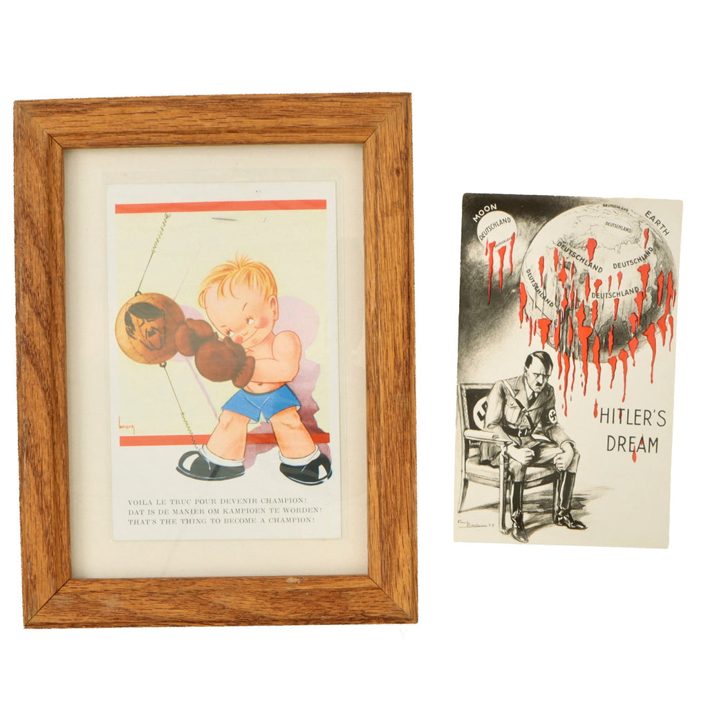 Original French WWII Anti-Axis AH Propaganda Postcards - One Framed 6 ⅛ x 8 ⅛” Original Items