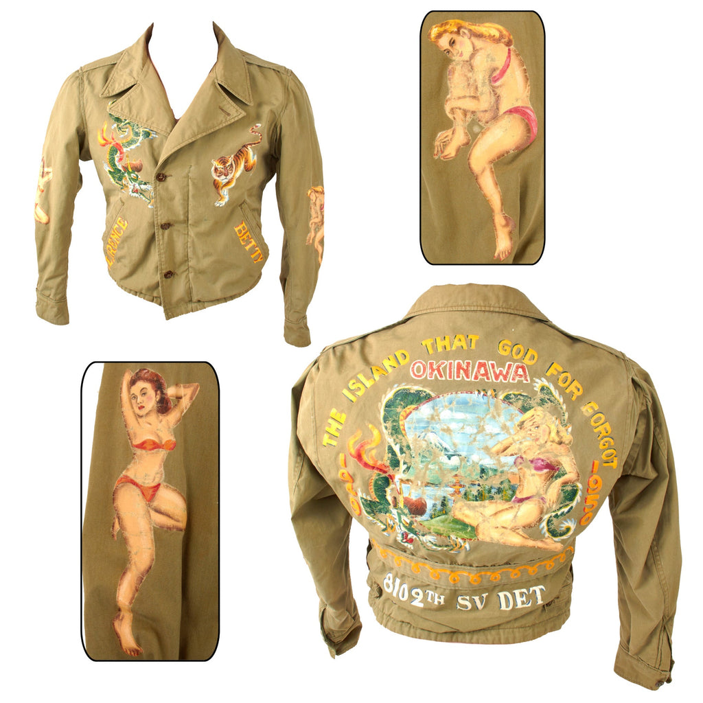 Original U.S. Post-WWII Okinawa “The Island That God Forgot” Painted Female M41 Jacket with Girls, Tiger, & Dragon - Clarence Betty, 8102nd Service Detachment - Dated 1949-1950 Original Items