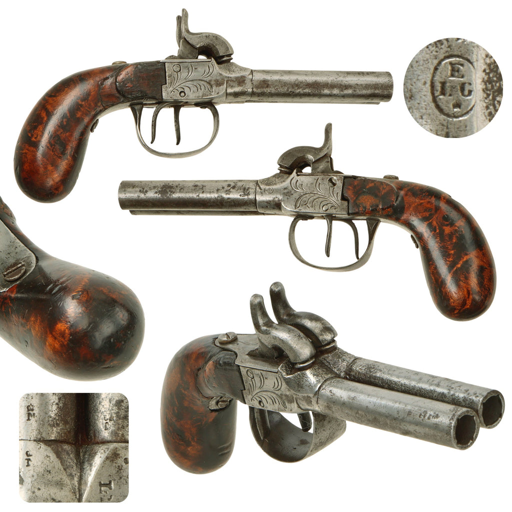 Original Victorian Era Belgian Double Barreled Percussion Pistol with Burl Wood Grip and Engraved Frame - Circa 1840 Original Items
