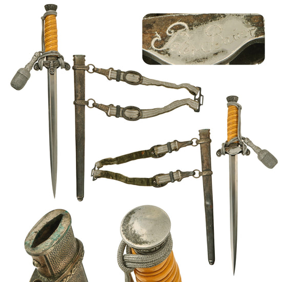 Original German WWII Named Heer Army Officer Dagger with Scabbard, Hanger, and Portepee - Excellent Unmarked Blade Original Items