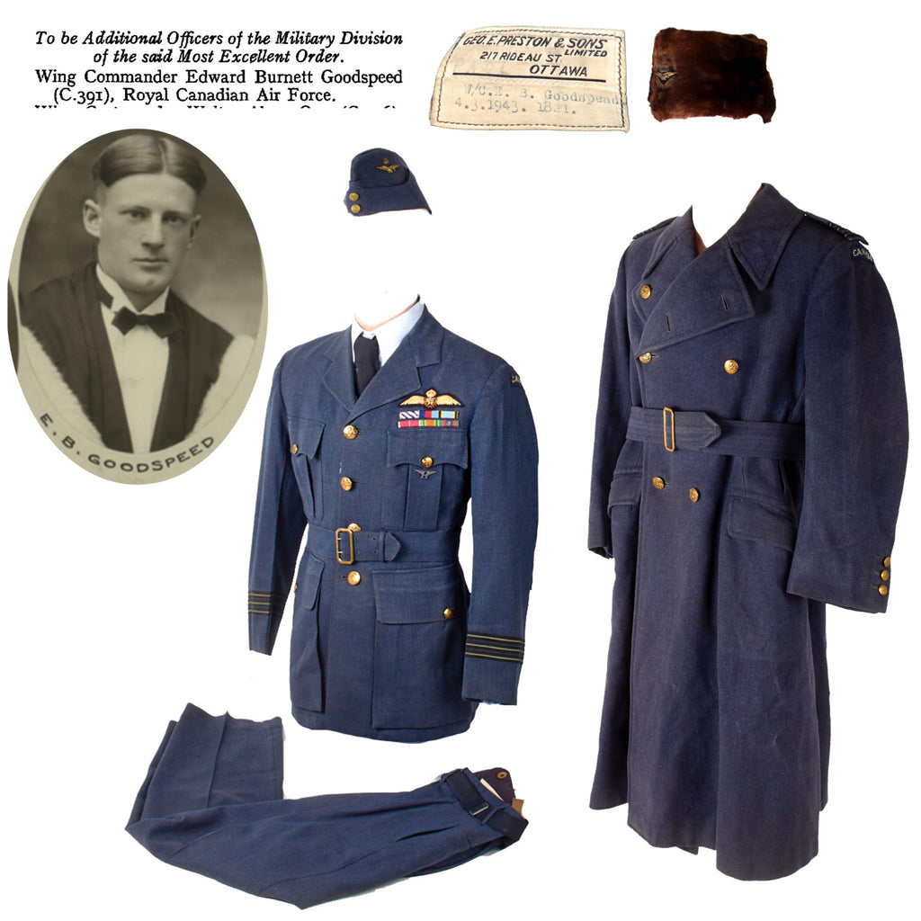 Original Canadian WWII CRAF Wing Commander Officer Pilot’s Uniform & Overcoat Grouping with Fur Hat & Overseas Cap - W/C Edward Burnett Goodspeed, OBE Original Items