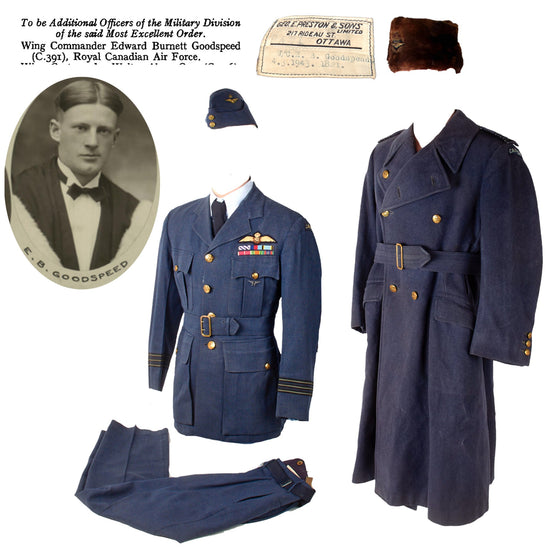 Original Canadian WWII CRAF Wing Commander Officer Pilot’s Uniform & Overcoat Grouping with Fur Hat & Overseas Cap - W/C Edward Burnett Goodspeed, OBE Original Items