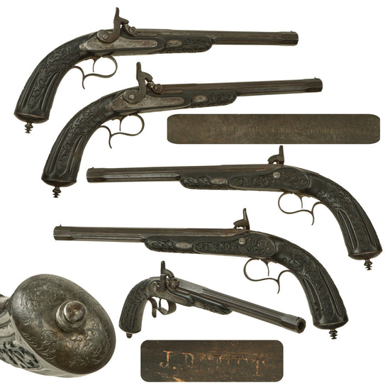 Original French Made Matched Pair of Upmarket Rifled Percussion "Dueling" Pistols Retailed by Canfield Bros. Baltimore with Carved Stocks - Circa 1850 Original Items