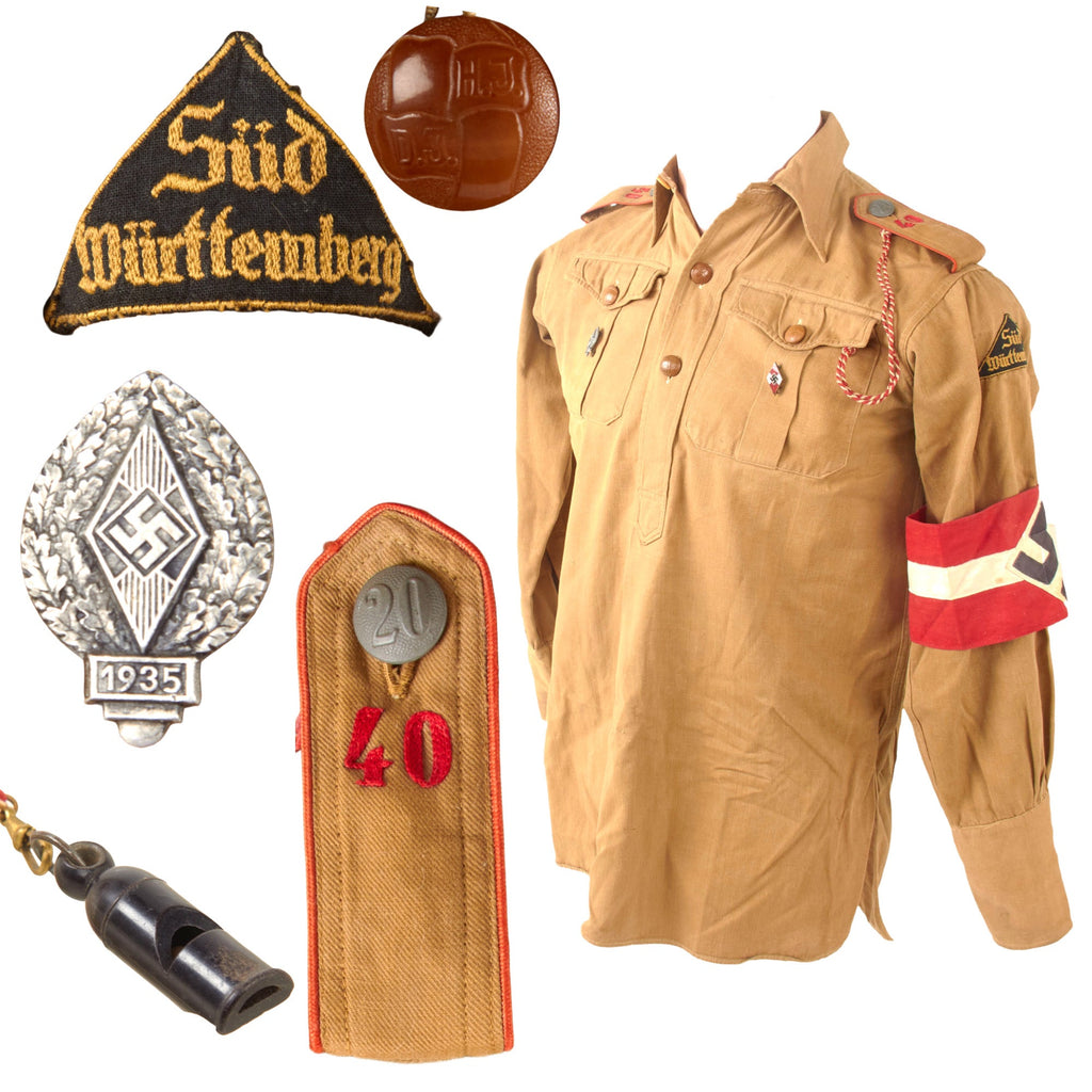 Original German WWII HJ National Youth District Süd Württemberg Tan Uniform Shirt with Armband and Whistle - Bann 40 Original Items