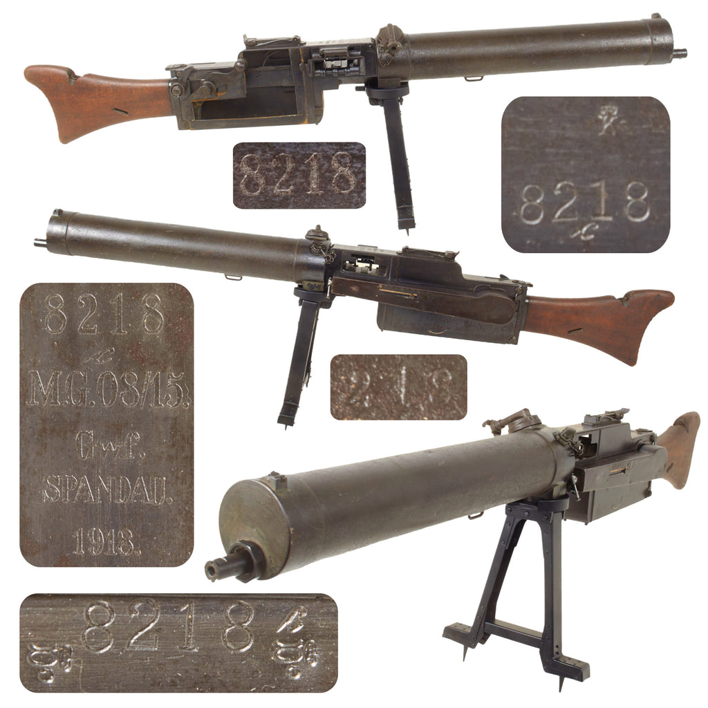 Original German WWI Maxim MG 08/15 Display Machine Gun Serial 8218 c by Spandau Arsenal with Steam Port Cover and Replica Bipod - dated 1918