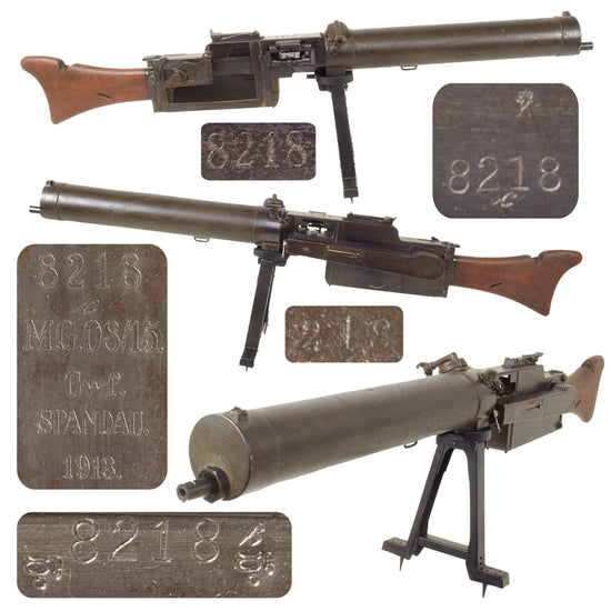 Original German WWI Maxim MG 08/15 Display Machine Gun Serial 8218 c by Spandau Arsenal with Steam Port Cover and Replica Bipod - dated 1918
