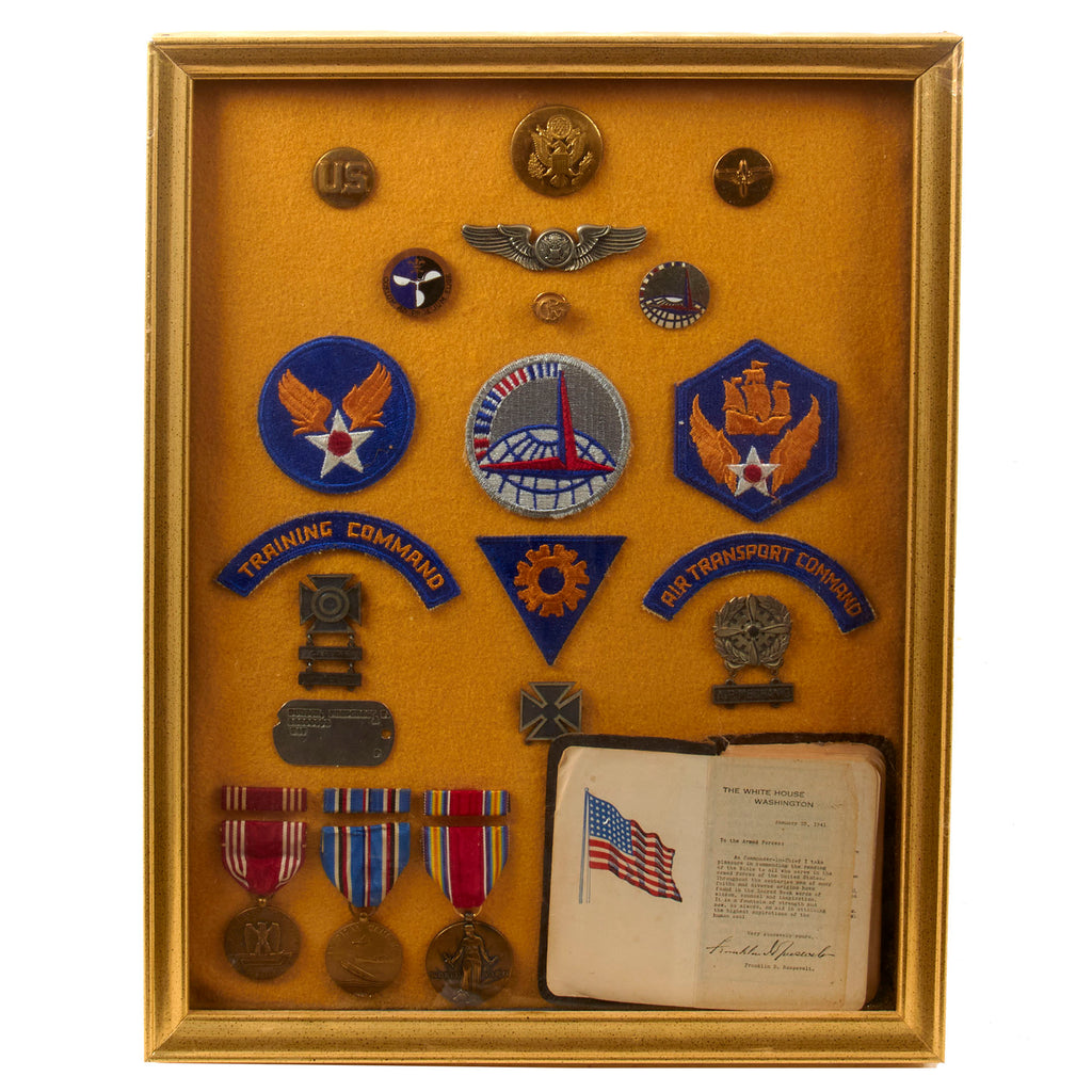 Original U.S. WWII CBI AAF Air Transport Command Aircrew Grouping in Frame with Sterling Wings, Bible, and Medals - Frederick W. Burton Original Items