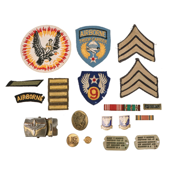 Original U.S. WWII 436th Troop Carrier Dog Tag & Insignia Group with Patches & DI - Sergeant Harry T. Roberts Original Items