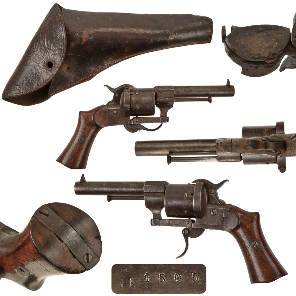 Original French Lefaucheux 7mm Pinfire Pocket Revolver, Serial No. LF1805, with Period Leather Holster Original Items
