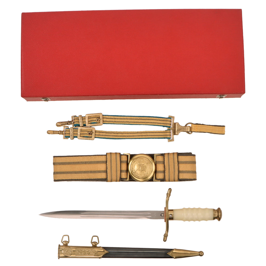 Original Cold War Era East German DDR Volksmarine (‘VM’) General Officer’s Brocade Dress Belt, Buckle, & Dagger Set With Presentation Case Original Items