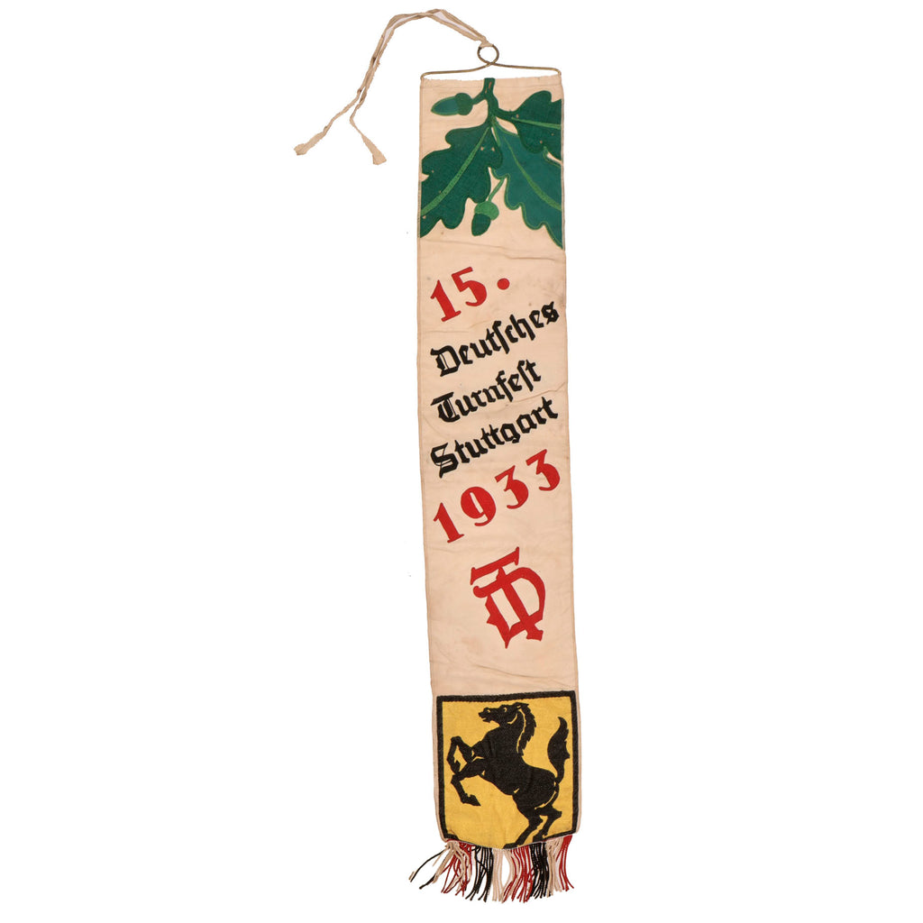 Original German Pre-WWII 15th German Gymnastics Festival Stuttgart 1933 Embroidered Double-Sided Banner, 26 1/2" x 5" Original Items