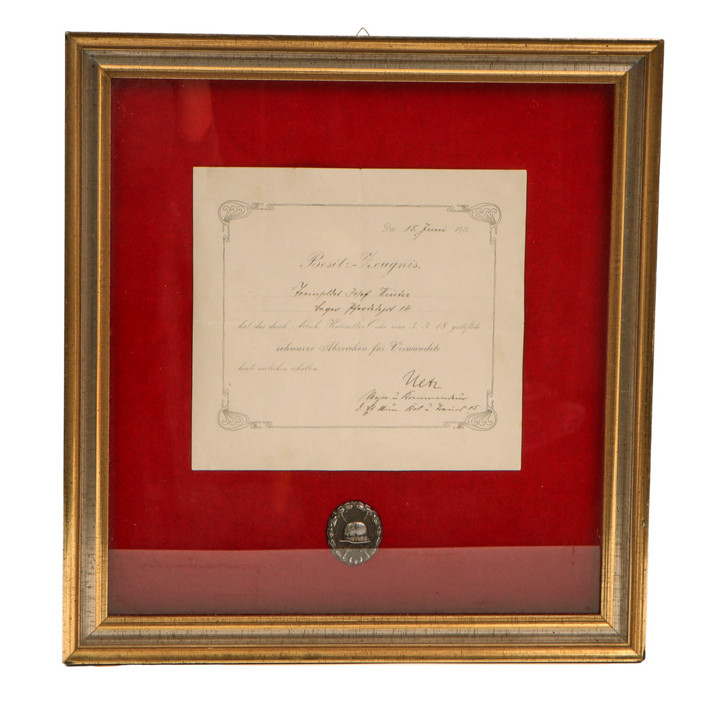 Original German WWI 1918 Black Wound Badge with Named Bavarian Besitz-Zeugnis to Trainfahrer Josef Winter of Pferdlazarett 14 - Framed 15” x 16” Original Items