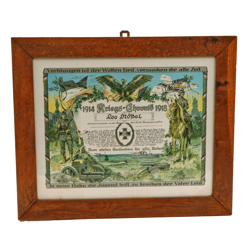 Original Imperial German WWI 1918 Framed “Kriegs-Chronik” Service Commemorative to Landsturmmann Leo Stößer, Bavarian Artillery Park Company No. 4 by Anton Hoffmann - Framed 23” x 19” Original Items
