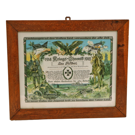 Original Imperial German WWI 1918 Framed “Kriegs-Chronik” Service Commemorative to Landsturmmann Leo Stößer, Bavarian Artillery Park Company No. 4 by Anton Hoffmann - Framed 23” x 19” Original Items