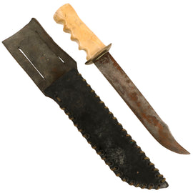 Original U.S. WWII Custom Theater-Made Bowie-Style Fighting Knife with Grooved Bone Handle & Shoelace-Bound Sheath