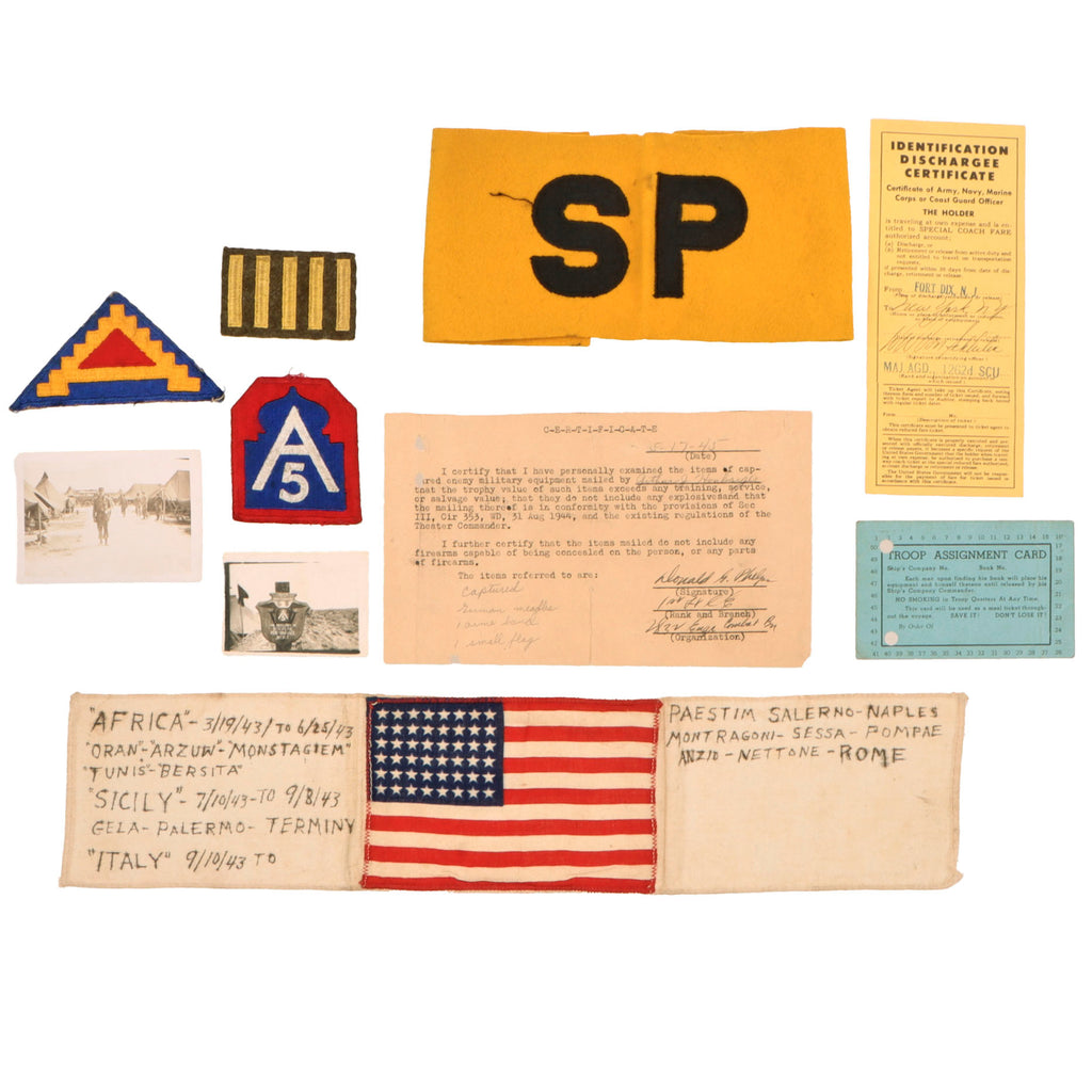 Original U.S. WWII 540th Engineer Combat Regiment / 2832nd Engineer Combat Battalion Invasion Group with Theater-Inscribed American Flag Armband, Shore Patrol Armband, Patches & Ephemera - Arthur J. Honbarger