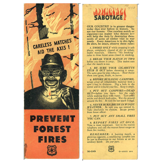 Original U.S. WWII 1942 Forest Service “Careless Matches Aid the Axis” Anti-Japanese Forest Fire Prevention Bookmark