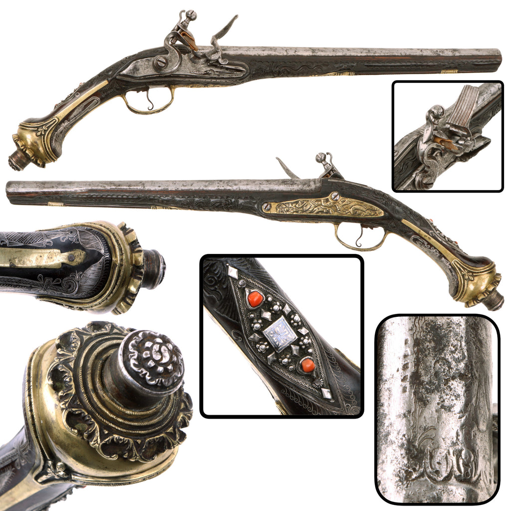 Original Late 18th Century Ottoman Balkan Kubur Flintlock Horse Pistol with Carved and Silver Inlaid Stock, Circa 1790