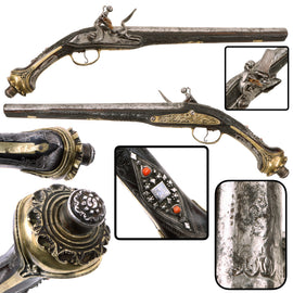 Original Late 18th Century Ottoman Balkan Kubur Flintlock Horse Pistol with Carved and Silver Inlaid Stock, Circa 1790