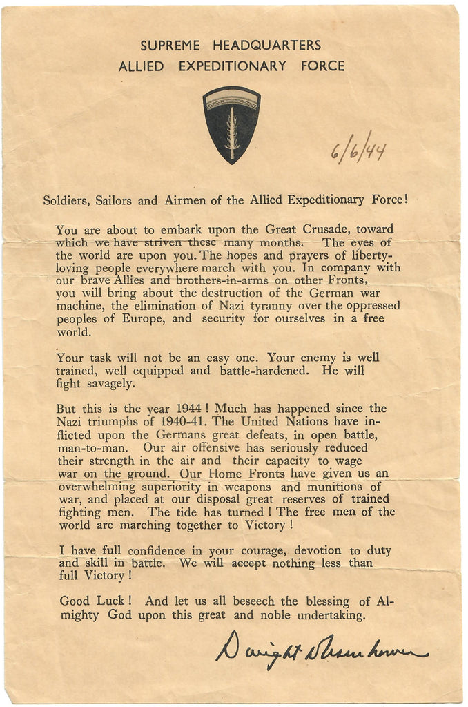 Original U.S. WWII SHAEF Eisenhower Letter Sent to the Troops Before D-Day Original Items