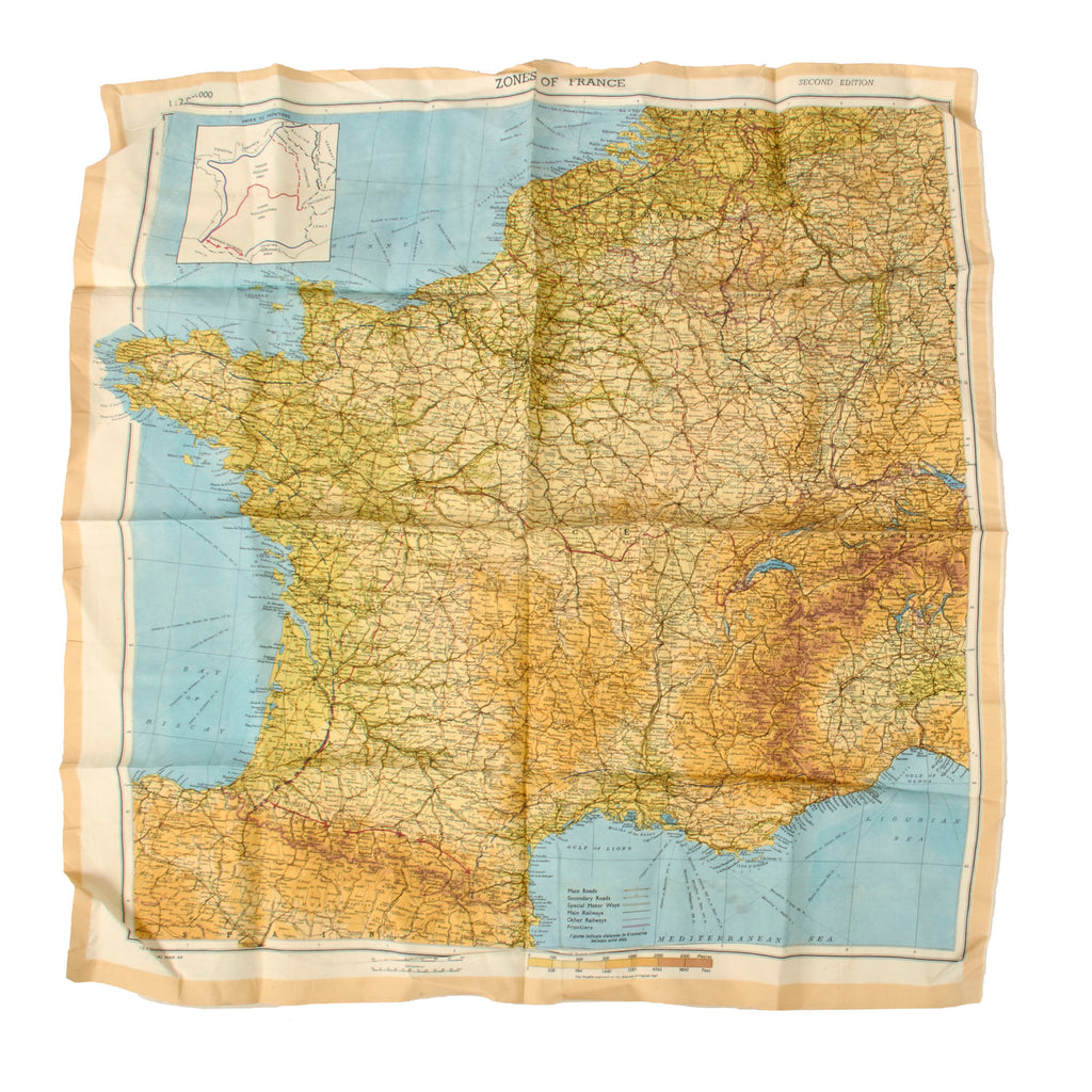 Original U.S. WWII Airborne "Zones of France" D-Day Silk Map - Dated March 1944 - WEA Western European Area - 22 ½” x 24” Original Items