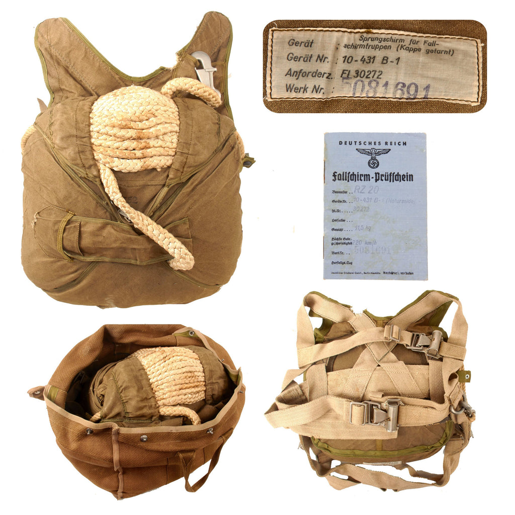 Original German WWII Luftwaffe Fallschirmjäger Parachute Complete Set with Harness and Bag Captured by American Soldier and Sent Home Original Items