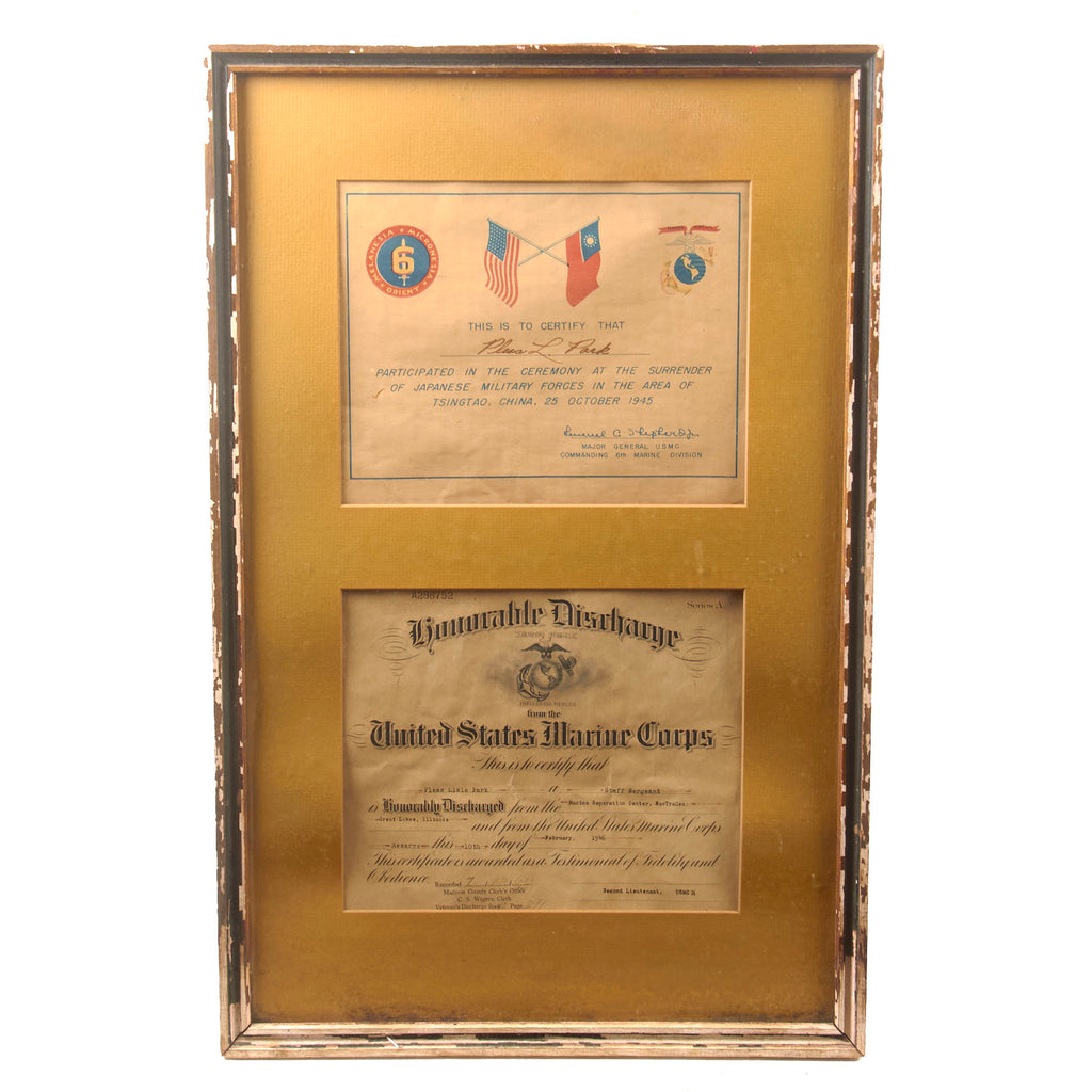 Original U.S. WWII USMC 6th Marine Division Framed Japanese Surrender in China Certificate with Discharge - Pleas L. Park - 16 ⅛ x 25 ⅛”