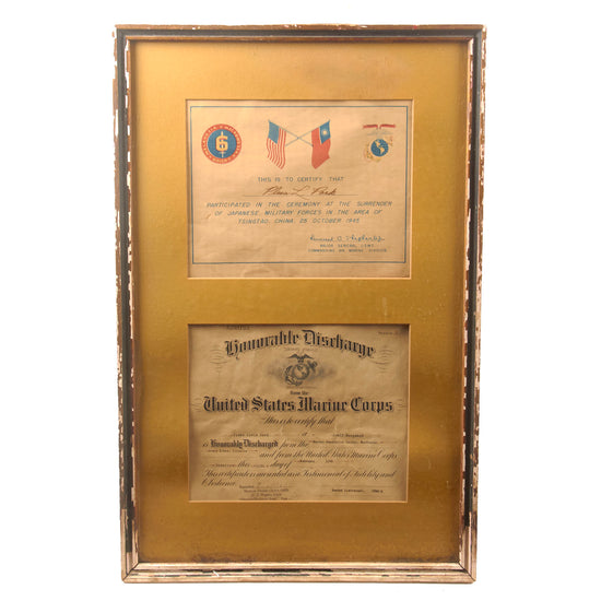 Original U.S. WWII USMC 6th Marine Division Framed Japanese Surrender in China Certificate with Discharge - Pleas L. Park - 16 ⅛ x 25 ⅛” Original Items